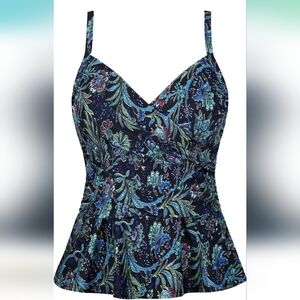 Cindy's Aunt Black & Blue Paisley Swimsuit Tankini Top Only‎ V Neck Peplum Waist